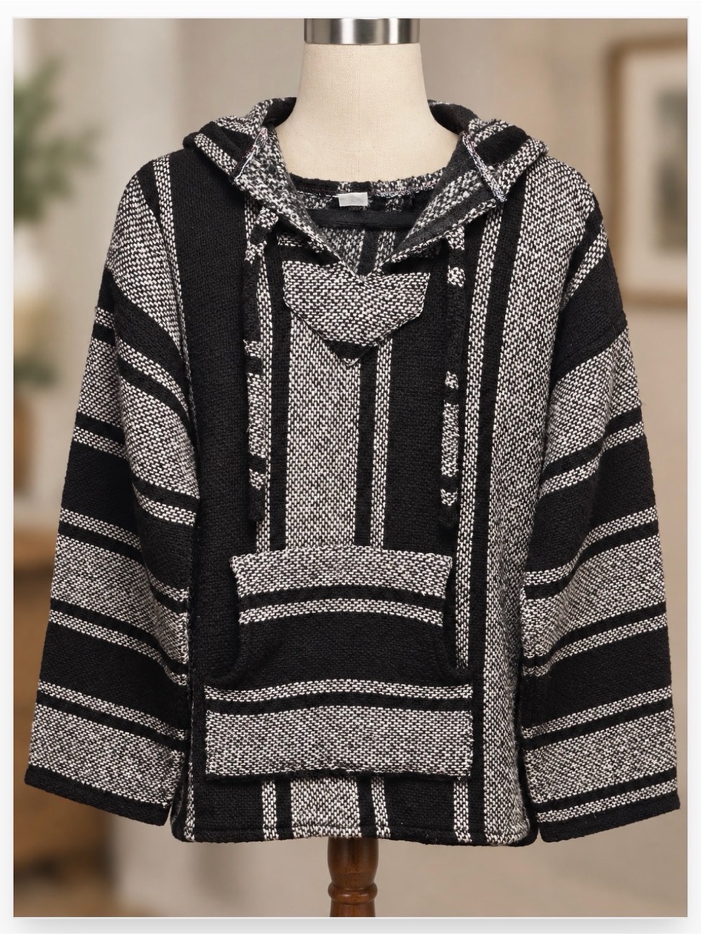Vintage Baja Hoodie Poncho Black White Striped Woven Pullover Unisex XL